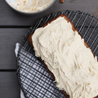 brown butter cardamom pear cake with honey tahini frosting
