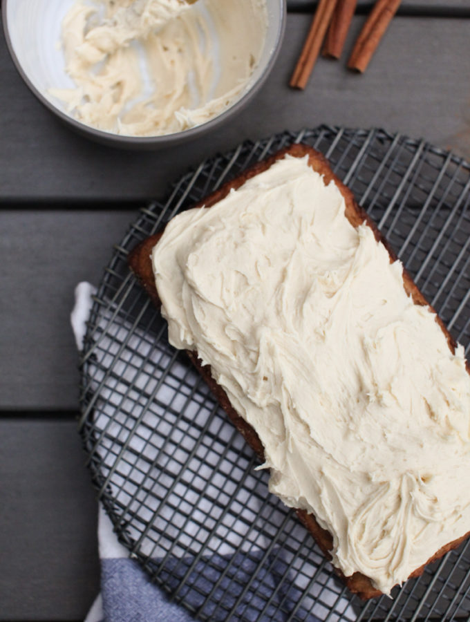 brown butter cardamom pear cake with honey tahini frosting